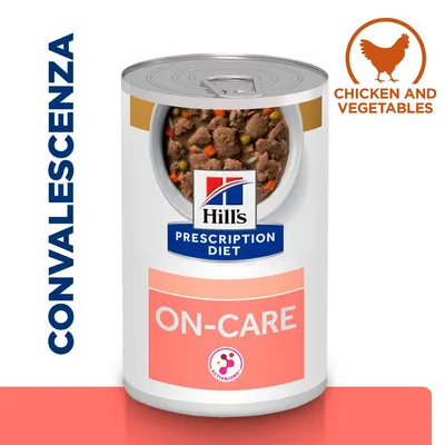 Hill's Prescription Diet ON-CARE, cibo umido con pollo e verdure. Testo visibile: CONVALESCENZA, CHICKEN AND VEGETABLES, ACTIVBIOME+.