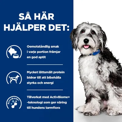 Så här hjälper det: Oemotståndlig smak, lättsmält protein för styrka och energi, tillverkat med ActivBiome+ som ger näring till hundens tarmflora.