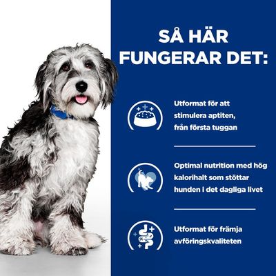 Så här fungerar det: Utformat för att stimulera aptiten, från första tuggan. Optimal nutrition med hög kalori­halt som stöttar hunden i det dagliga livet. Utformat för främja avföringskvaliteten.