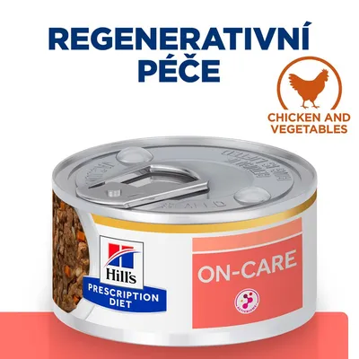 Konzerva Hill's Prescription Diet ON-CARE, viditeľný nápis REGENERATIVNÍ PÉČE, označenie Chicken and Vegetables, časť obsahu s kúskami mäsa a zeleniny.