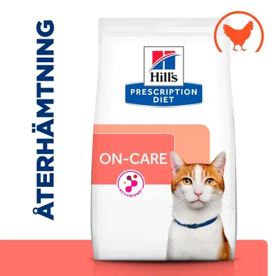 Hill's Prescription Diet ON-CARE kattmat, texten ÅTERHÄMTNING och symbol för kyckling synliga på förpackningen. ACTIVBIOME+ logotyp också synlig. Hill's Prescription Diet ON-CARE kattmat, texten ÅTERHÄMTNING och symbol för kyckling synliga på förpackningen. ACTIVBIOME+ logotyp också synlig.
