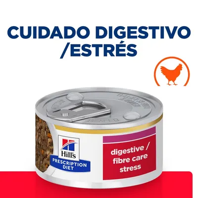 Lata de Hill's Prescription Diet con texto visible: digestive / fibre care stress. Texto superior: CUIDADO DIGESTIVO / ESTRÉS. Icono de pollo naranja a la derecha.