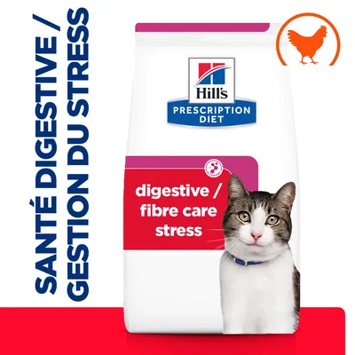 Hill's Prescription Diet croquettes pour chat, texte visible : digestive / fibre care stress, santé digestive / gestion du stress, illustration poulet, photo d’un chat sur l’emballage.