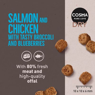 COSMA PURE LOVE DRY. Salmon and chicken with tasty broccoli and blueberries. With 80% fresh meat and high-quality offal. Kibble size 10 x 10 x 6 mm shown.