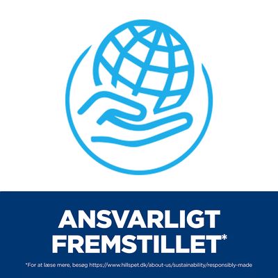 ANSVARLIGT FREMSTILLET*. For at læse mere, besøg https://www.hillspet.dk/about-us/sustainability/responsibly-made