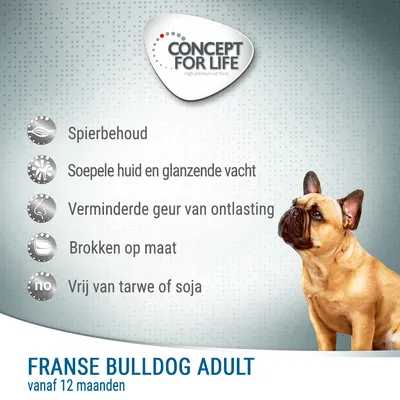 Concept for Life Franse Bulldog Adult vanaf 12 maanden; spierbehoud, soepele huid en glanzende vacht, verminderde geur van ontlasting, brokken op maat, vrij van tarwe of soja.