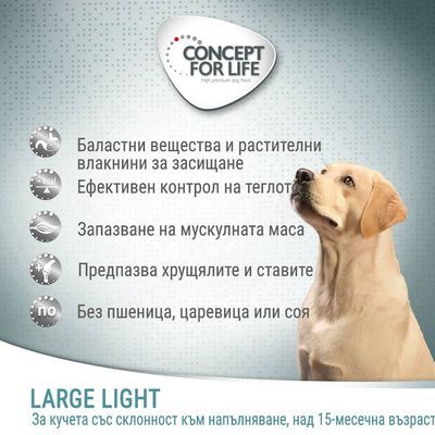Concept for Life Large Light. Баластни вещества и растителни влакнини, контрол на теглото, запазване на мускулна маса, предпазва ставите, без пшеница, царевица или соя.