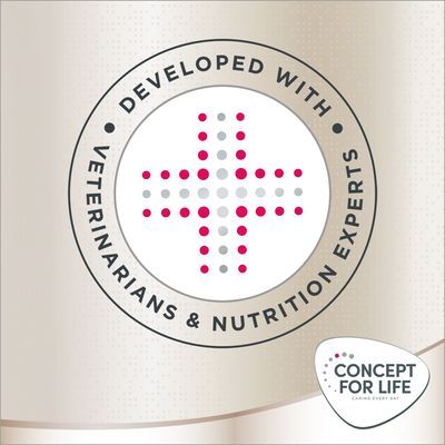 Testo in inglese: Developed with veterinarians & nutrition experts. In basso a destra: Concept for Life.