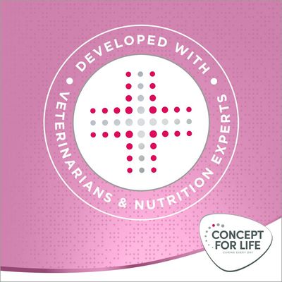 Testo in inglese: Developed with veterinarians & nutrition experts. In basso a destra: Concept for Life caring every day.