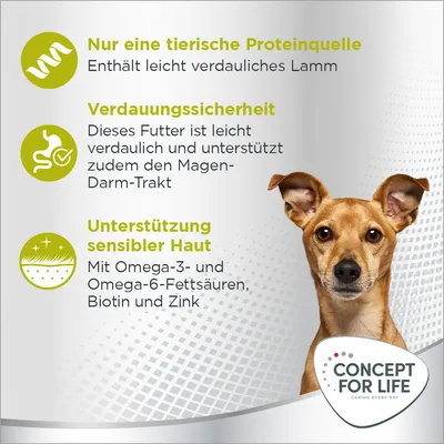 Concept for Life. Nur eine tierische Proteinquelle: leicht verdauliches Lamm. Verdauungssicherheit: unterstützt Magen-Darm-Trakt. Unterstützung sensibler Haut: Omega-3, Biotin, Zink.