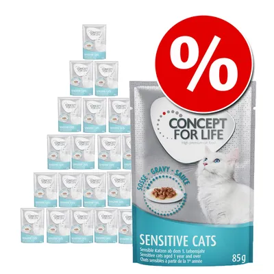 Concept for Life Sensitive Cats, Nassfutter in Sosse für sensible Katzen ab 1 Jahr, Packung mit 85g. Stapel von mehreren Packungen und rotes Prozentzeichen sichtbar.
