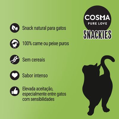 COSMA PURE LOVE SNACKIES. Snack natural para gatos, 100% carne ou peixe puros, sem cereais, sabor intenso, elevada aceitação especialmente entre gatos com sensibilidades.