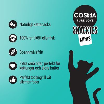COSMA PURE LOVE SNACKIES MINIS. Naturligt kattsnacks, 100% rent kött eller fisk, spannmålsfritt, extra små bitar för kattungar och äldre katter, perfekt topping till våt eller torrfoder.