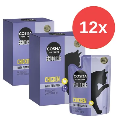 Cosma Pure Love Smoothie, Chicken with Pumpkin, 12 sobres de 50 g. Texto visible: Grain Free Recipe, in delicious chicken broth.