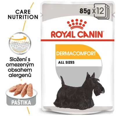 ROYAL CANIN DERMACOMFORT ALL SIZES, 85g x12, paštika. Složení s omezeným obsahem alergenů. Care Nutrition. Obrázek psa na obalu.
