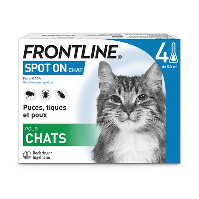 Boîte Frontline Spot On Chat, Fipronil 10 %, solution pour spot on, 4 x 0,5 ml. Puces, tiques et poux. Pour chats. Marque Boehringer Ingelheim. Boîte Frontline Spot On Chat, Fipronil 10 %, solution pour spot on, 4 x 0,5 ml. Puces, tiques et poux. Pour chats. Marque Boehringer Ingelheim.