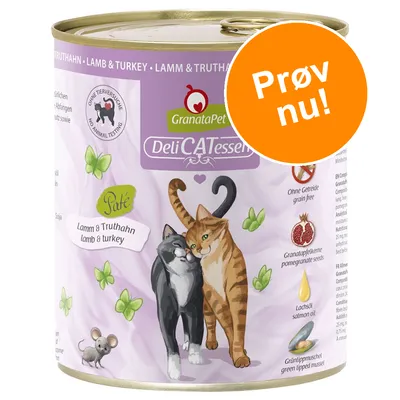 GranataPet DeliCATessen Paté Lamm & Truthahn. Prøv nu! Uden dyreforsøg, uden korn, granatæblekerner, lakseolie, grønlæbet musling. Illustration af to katte på dåsen.