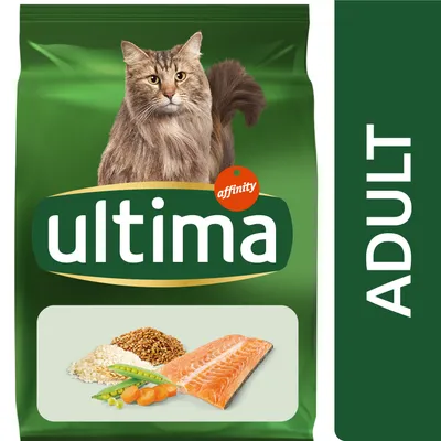 Sac de croquettes pour chat Ultima affinity ADULT, image d’un chat, morceaux de saumon, petits pois, carottes, céréales visibles sur l’emballage. Sac de croquettes pour chat Ultima affinity ADULT, image d’un chat, morceaux de saumon, petits pois, carottes, céréales visibles sur l’emballage.