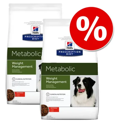 Dos sacos de Hill's Prescription Diet Metabolic Weight Management para perros, con imagen de perro y croquetas, texto 'with Chicken' y símbolo de porcentaje en rojo.
