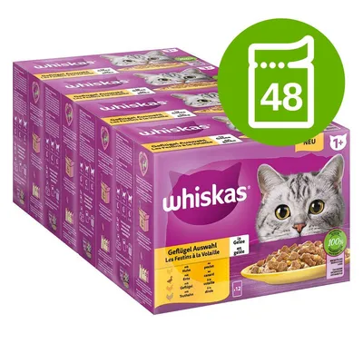 Whiskas macskaeledel, Geflügel Auswahl, 48 tasakos csomag, lila dobozokon sárga tálban eledel és szürke cica képe látható. Nagy zöld körben fehér 48-as szám.