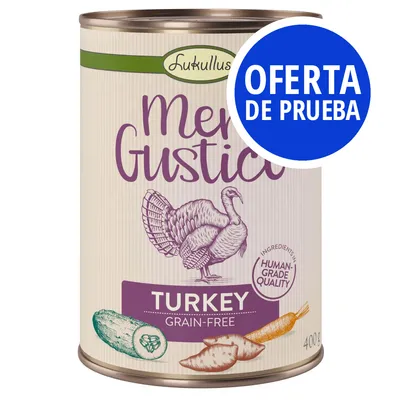 Lukullus Menu Gustico Turkey Grain-Free, lata de 400 g. Etiqueta: ingredientes calidad humana. Oferta de prueba en círculo azul.