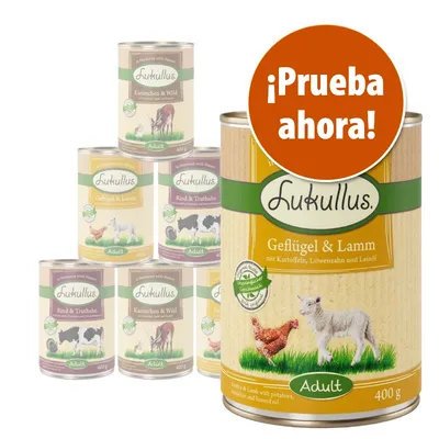 Latas de comida para perros Lukullus Adult, variedades Geflügel & Lamm, Rind & Truthahn, Kaninchen & Wild. Texto visible: ¡Prueba ahora! 400 g.