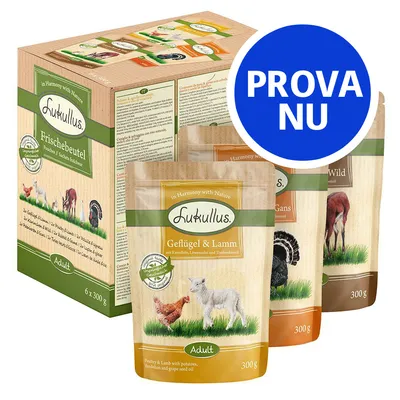 Lukullus Frischebeutel Adult, 6 x 300 g. Synliga smaker: Geflügel & Lamm, Gans, Wild. Blå cirkel med texten PROVA NU.