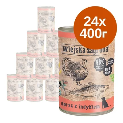 Пакет 24 консерви по 400 г Wiejska Zagroda dorsz z indykiem. Видими надписи: 96% месо и риба, без зърнени, с морски водорасли. Пакет 24 консерви по 400 г Wiejska Zagroda dorsz z indykiem. Видими надписи: 96% месо и риба, без зърнени, с морски водорасли.