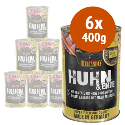 6 lattine da 400 g Belcando Huhn & Ente, pollo e anatra con miglio e carote, super premium quality, made in Germany, + Chia saat visibile sull'etichetta.