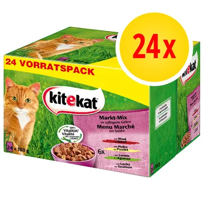 Kitekat Markt-Mix v želé, 24x100g. 24 VORRATSPACK. 100% Vitalität/Vitalité. Druhy: Rind, Huhn, Lamm, Lachs. Obal s obrázkem kočky a misky s krmivem.