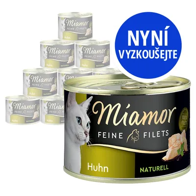 Konzervy Miamor Feine Filets Huhn Naturell, nápis na modrém kruhu: NYNÍ VYZKOUŠEJTE. Na etiketě obrázek bílé kočky a kuřecího masa, text 100% Filet.