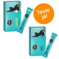Cosma Jelly Snack, caixas e saquetas visíveis com sabores Chicken e Tuna. Texto em destaque: 'Teste já!'. Indicação de receita sem cereais e embalagem de 8x.