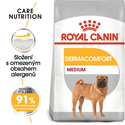 ROYAL CANIN DERMACOMFORT MEDIUM, složení s omezeným obsahem alergenů, 91 % spokojených majitelů po 2 měsících používání, balení s obrázkem psa