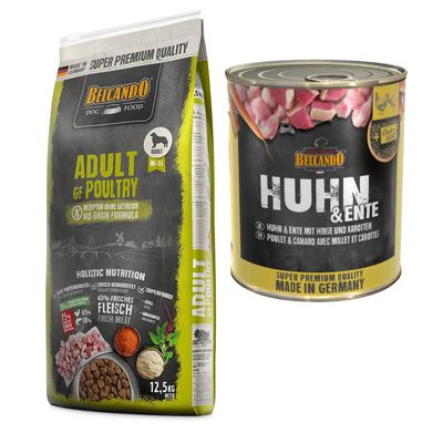 Belcando Adult Kombi-Paket: 12, 5 kg Trockenfutter Getreidefrei + 12 x 800 g Super Premium 12,5 kg Geflügel + 12 x 800 Huhn & Ente mit Hirse & Karotten