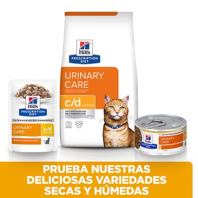 Hill's Prescription Diet Urinary Care c/d multicare para gatos, variedades seca y húmeda. Texto: Prueba nuestras deliciosas variedades secas y húmedas.