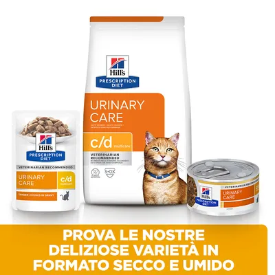 Hill's Prescription Diet Urinary Care c/d multicare per gatti, visibili confezioni di crocchette, bustina e lattina. Testo: Prova le nostre deliziose varietà in formato secco e umido.