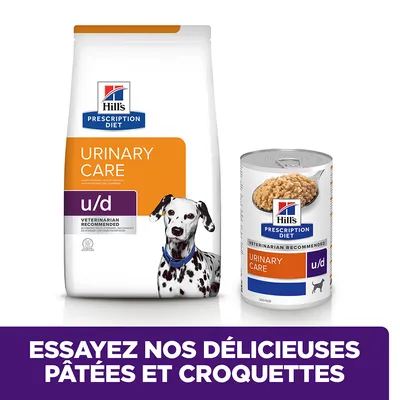 Hill's Prescription Diet Urinary Care u/d pour chien, paquet de croquettes et boîte de pâtée. Texte visible : Essayez nos délicieuses pâtées et croquettes.