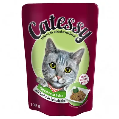 Catessy, Häppchen in Gelee mit Lachs in Spinatgelee, 100 г. Без добавления сахара. На упаковке изображена серая кошка и миска с кормом.
