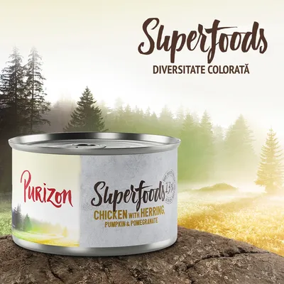 Conservă Purizon Superfoods, Chicken with Herring, Pumpkin & Pomegranate, 173 g. Text vizibil: Superfoods, Diversitate colorată.