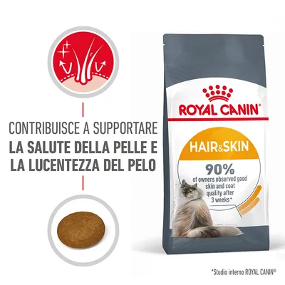 ROYAL CANIN Hair & Skin, sacchetto con gatto, testo: contribuisce a supportare la salute della pelle e la lucentezza del pelo. 90% of owners observed good skin and coat quality after 3 weeks* ROYAL CANIN Hair & Skin, sacchetto con gatto, testo: contribuisce a supportare la salute della pelle e la lucentezza del pelo. 90% of owners observed good skin and coat quality after 3 weeks*