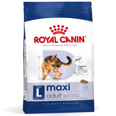 Royal Canin maxi adult, size L, til hunde fra 26 til 44 kg, tekst: Digestive health, optimal health support, billede af schæferhund på posen.