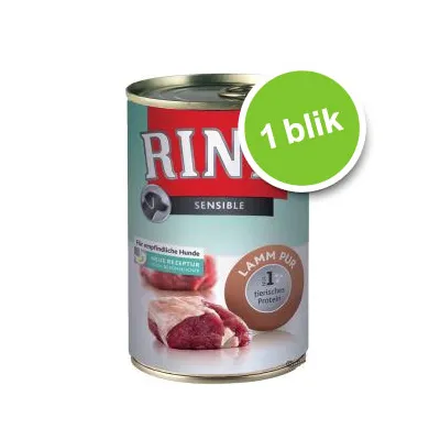 Rinti Sensible hondenvoer blik, tekst: Lamm Pur, nr. 1 dierlijk eiwit, voor gevoelige honden. Groene cirkel met '1 blik'.