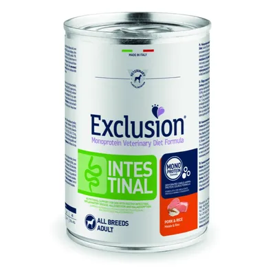 Exclusion Monoprotein Veterinary Diet Formula Intestinal, maiale e riso, per cani adulti di tutte le razze. Made in Italy. Testo visibile: MONO PROTEIN FORMULA, ALL BREEDS ADULT.