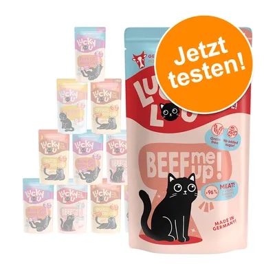 Lucky Lou kissanruoka Beef me up! yli 96 % lihaa, valmistettu Saksassa, viljaton, ilman lisättyä sokeria. Lucky Lou kissanruoka Beef me up! yli 96 % lihaa, valmistettu Saksassa, viljaton, ilman lisättyä sokeria.