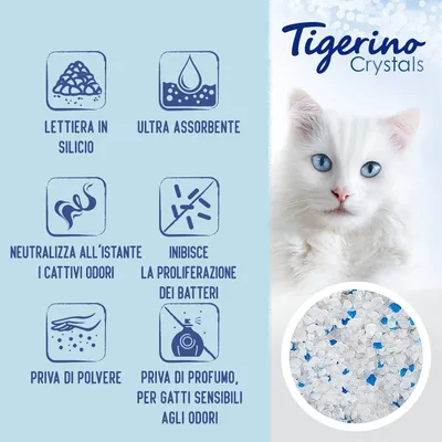 Tigerino Crystals lettiera in silicio, ultra assorbente, neutralizza i cattivi odori, inibisce batteri, priva di polvere e profumo, per gatti sensibili agli odori. Immagine dei granuli.