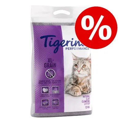 Tigerino Performance XL-Grain kattsand, naturlig lera, klumpbildande, 12 kg. Stor röd procent-symbol visar rabatt eller erbjudande.