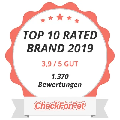 TOP 10 RATED BRAND 2019, 3,9 / 5 GUT, 1.370 Bewertungen, CheckForPet. Text v němčině.