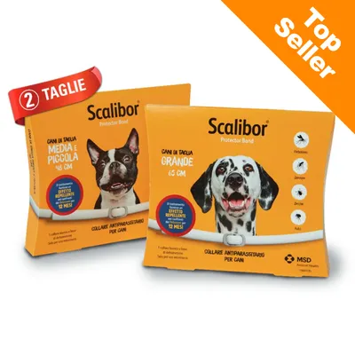 Scalibor collare antiparassitario per cani, taglia media e piccola 48 cm, taglia grande 65 cm, effetto repellente fino a 12 mesi. Top Seller, 2 taglie disponibili.