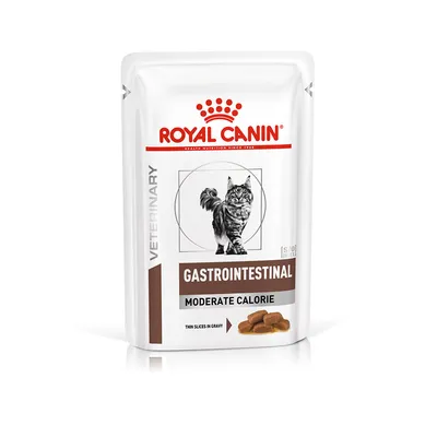 ROYAL CANIN GASTROINTESTINAL MODERATE CALORIE, saszetka z wizerunkiem kota, napis VETERINARY, widoczne kawałki karmy w sosie, tekst: THIN SLICES IN GRAVY.