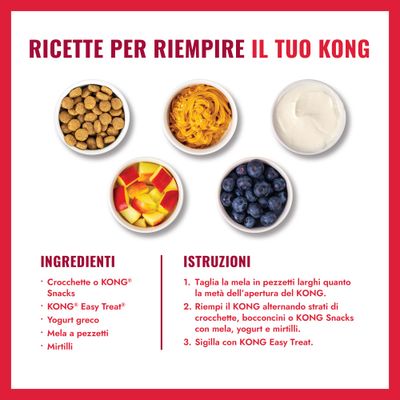 Suggerimento di ricetta per riempire un KONG: elenco degli ingredienti con crocchette, snack KONG, KONG Easy Treat, yogurt greco, pezzi di mela e mirtilli, oltre a istruzioni in tre passaggi.